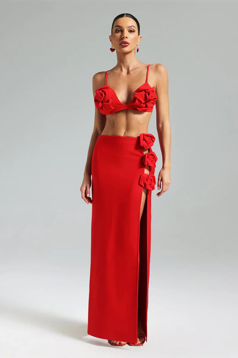 Jessamine Flower Asymmetric Bandage Skirt In Red