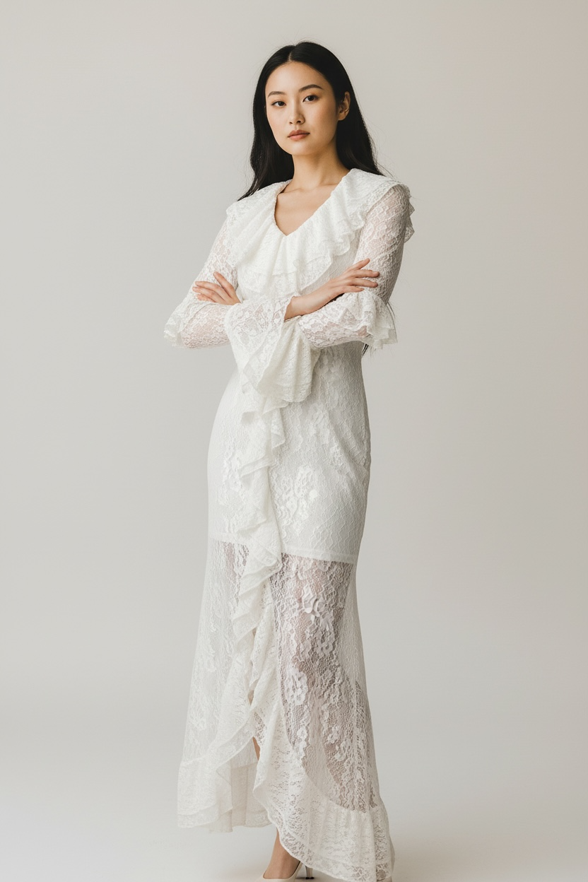 White Lace Ruffle Dress