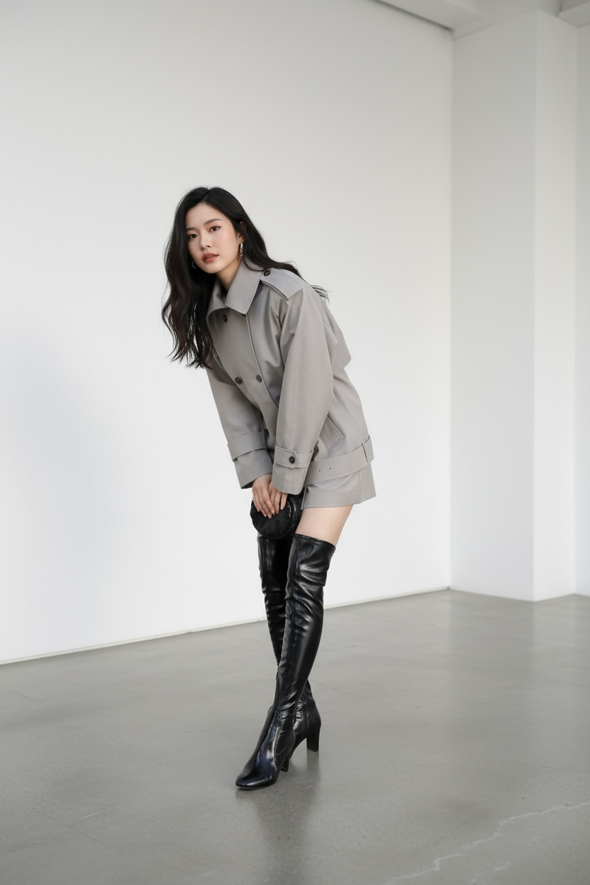 Oversized Asymmetric High-Neck Trench Jacket – Grey