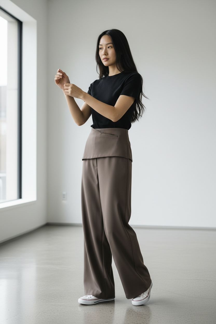 Asymmetric Foldover High-Waist Wide Leg Pants