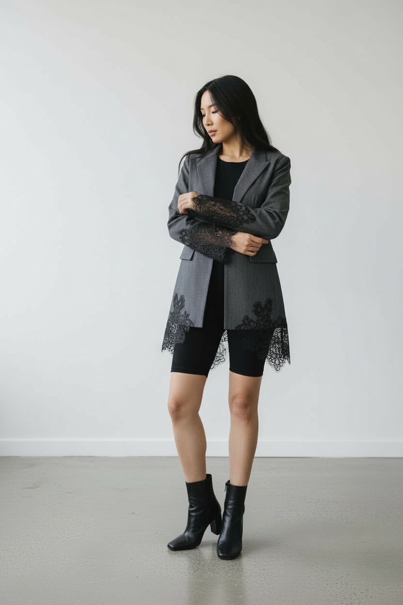 Elegant Lace-Edged Gray Blazer