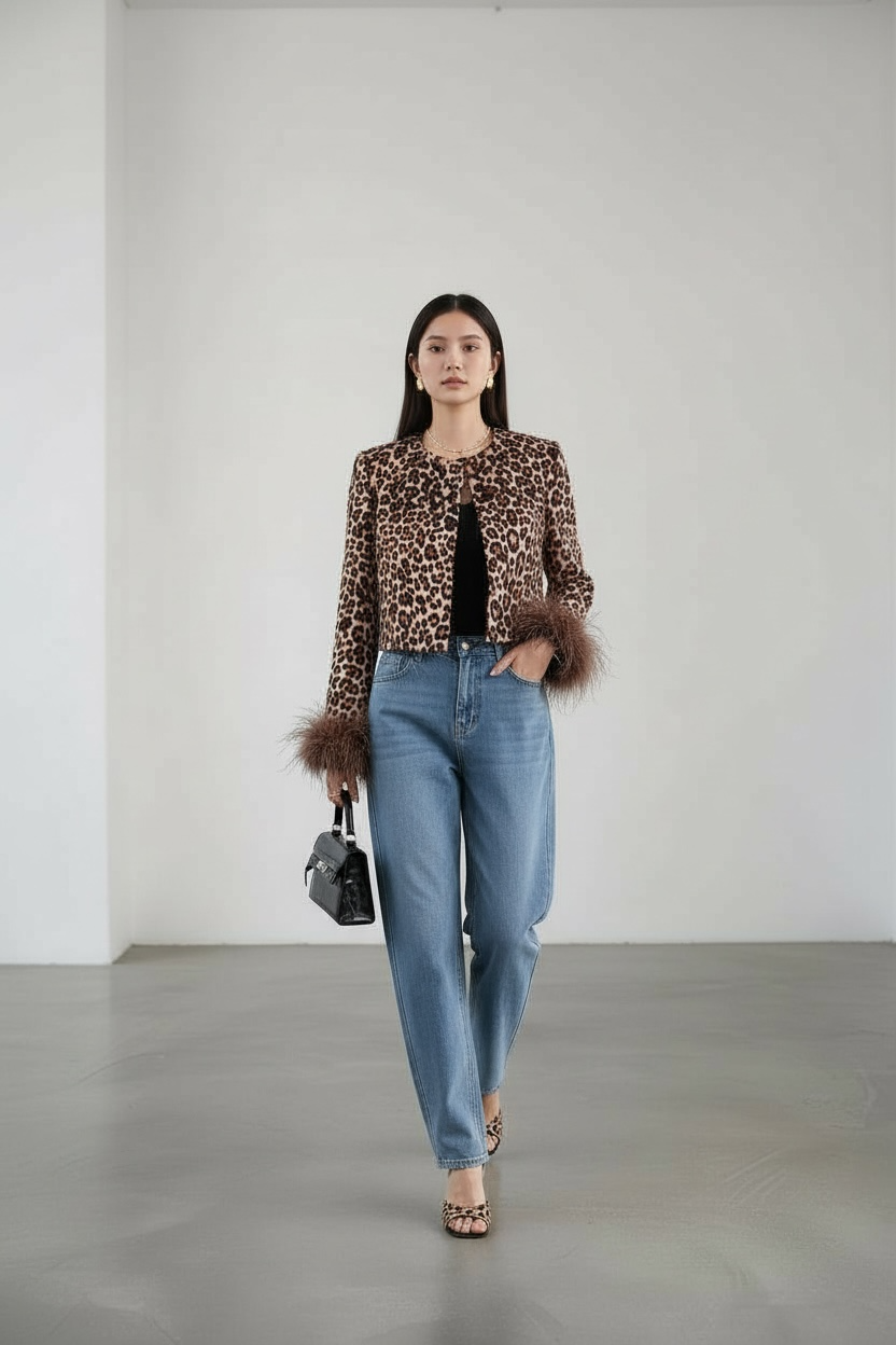 Leopard Luxe Feather-Trim Two-Piece Set