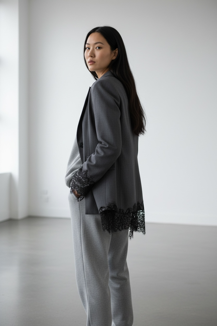 Elegant Lace-Edged Gray Blazer