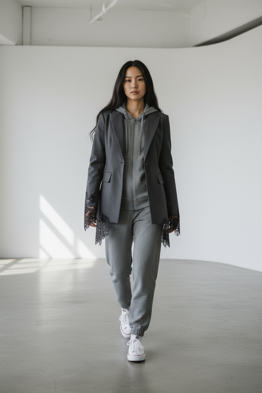 Elegant Lace-Edged Gray Blazer