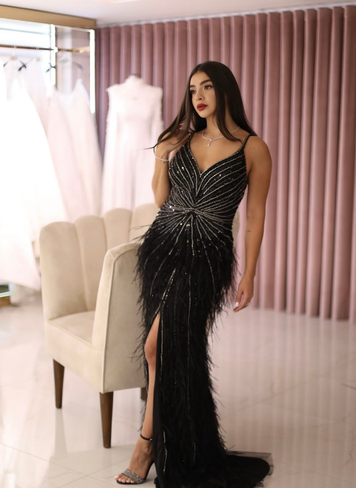 Sequin & Feather Embellished Gown in Tulle