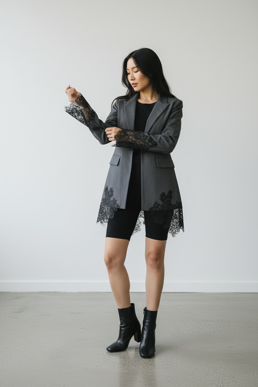 Elegant Lace-Edged Gray Blazer