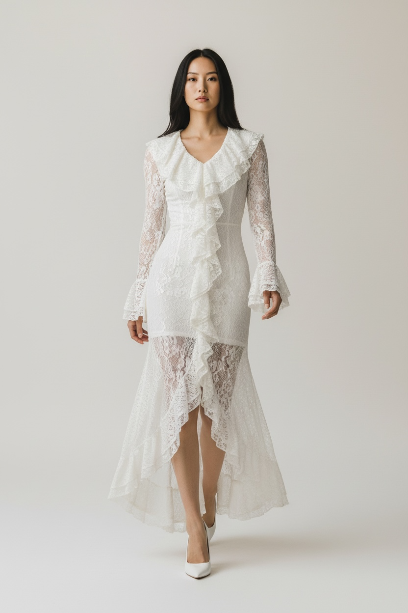 White Lace Ruffle Dress