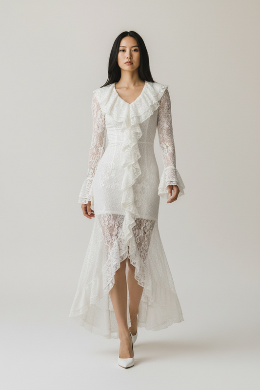 White Lace Ruffle Dress