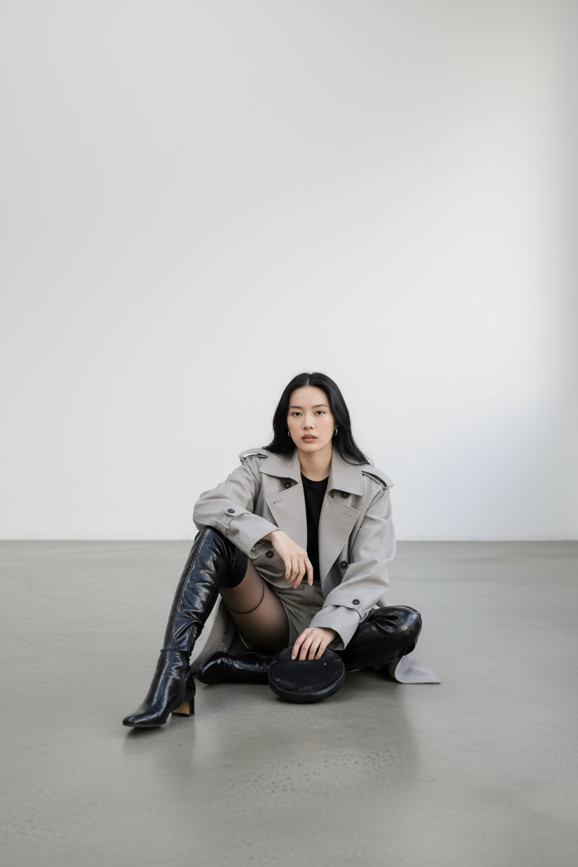 Oversized Asymmetric High-Neck Trench Jacket – Grey