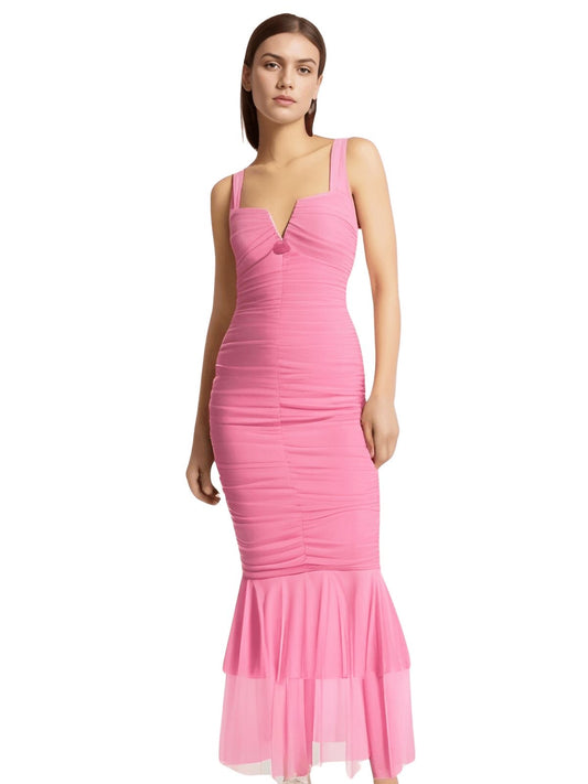 Solid ruched notch neck mesh zip-up ruffle maxi dress