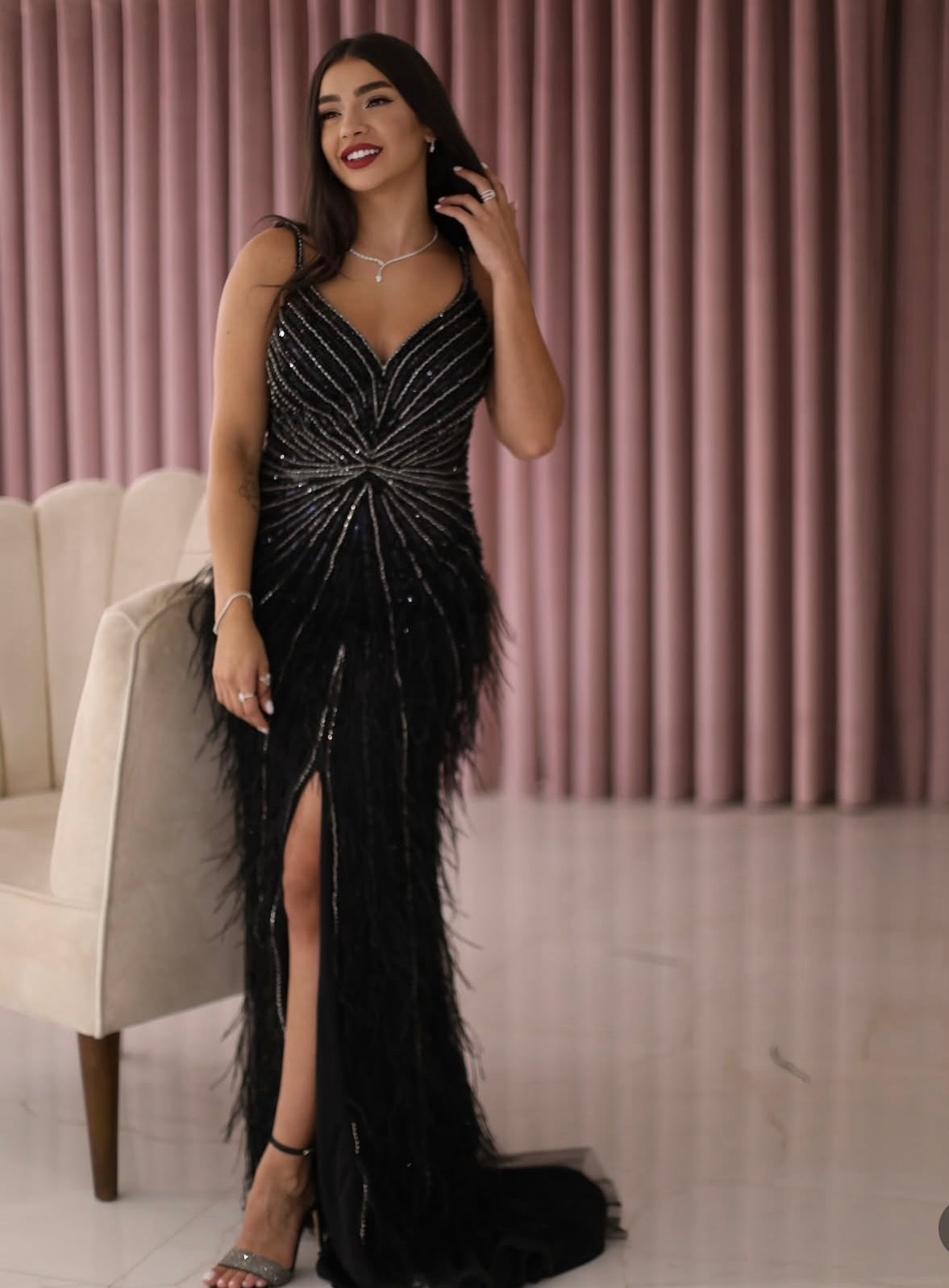 Sequin & Feather Embellished Gown in Tulle