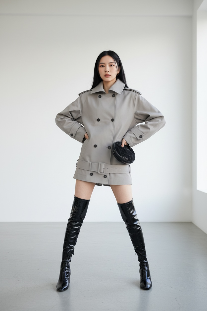 Oversized Asymmetric High-Neck Trench Jacket – Grey