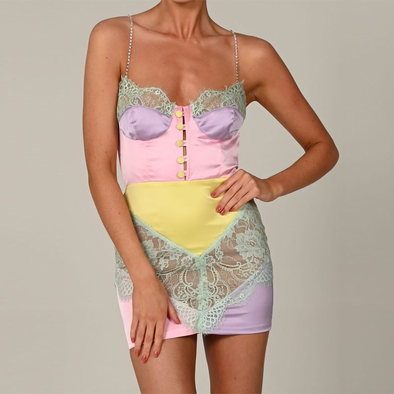 SILKY SATIN COLOR PANEL LACY BUSTIER SLIP MINI DRESS - MULTICOLOR