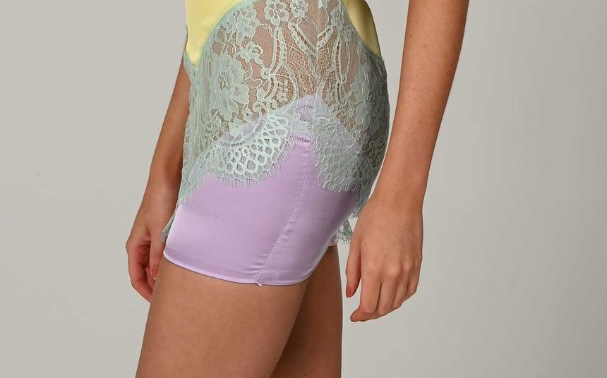 SILKY SATIN COLOR PANEL LACY BUSTIER SLIP MINI DRESS - MULTICOLOR