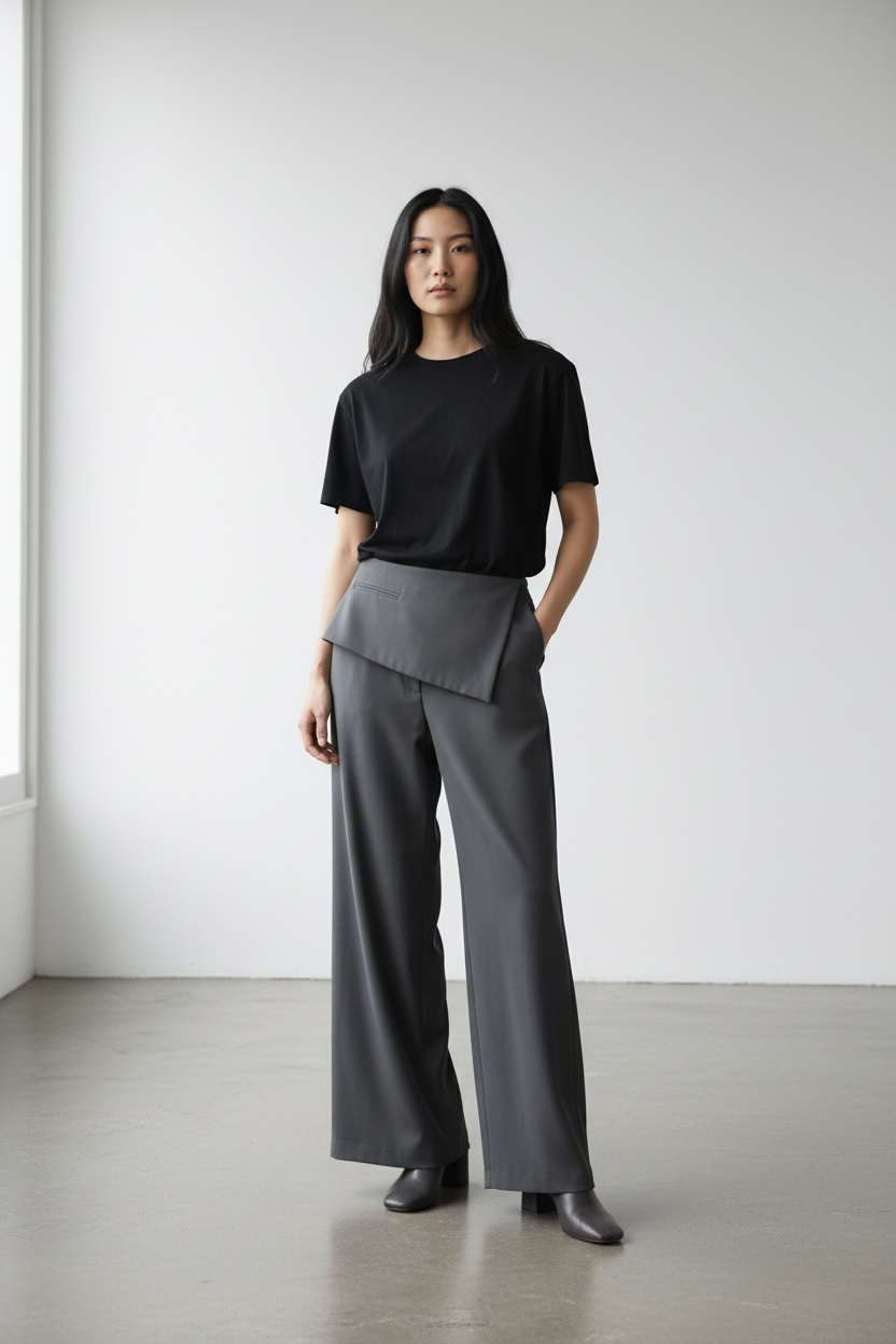 Asymmetric Foldover High-Waist Wide Leg Pants