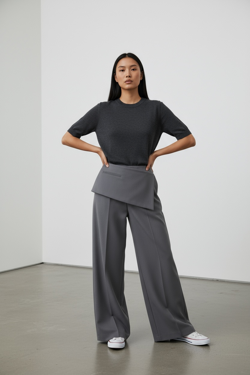 Asymmetric Foldover High-Waist Wide Leg Pants