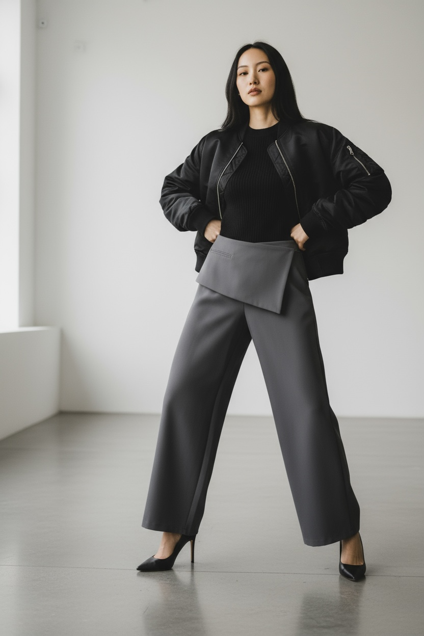 Asymmetric Foldover High-Waist Wide Leg Pants