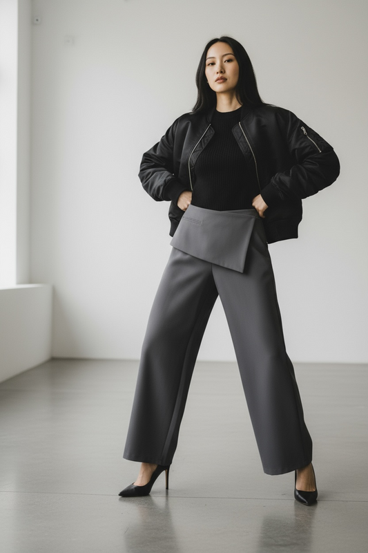 Asymmetric Foldover High-Waist Wide Leg Pants
