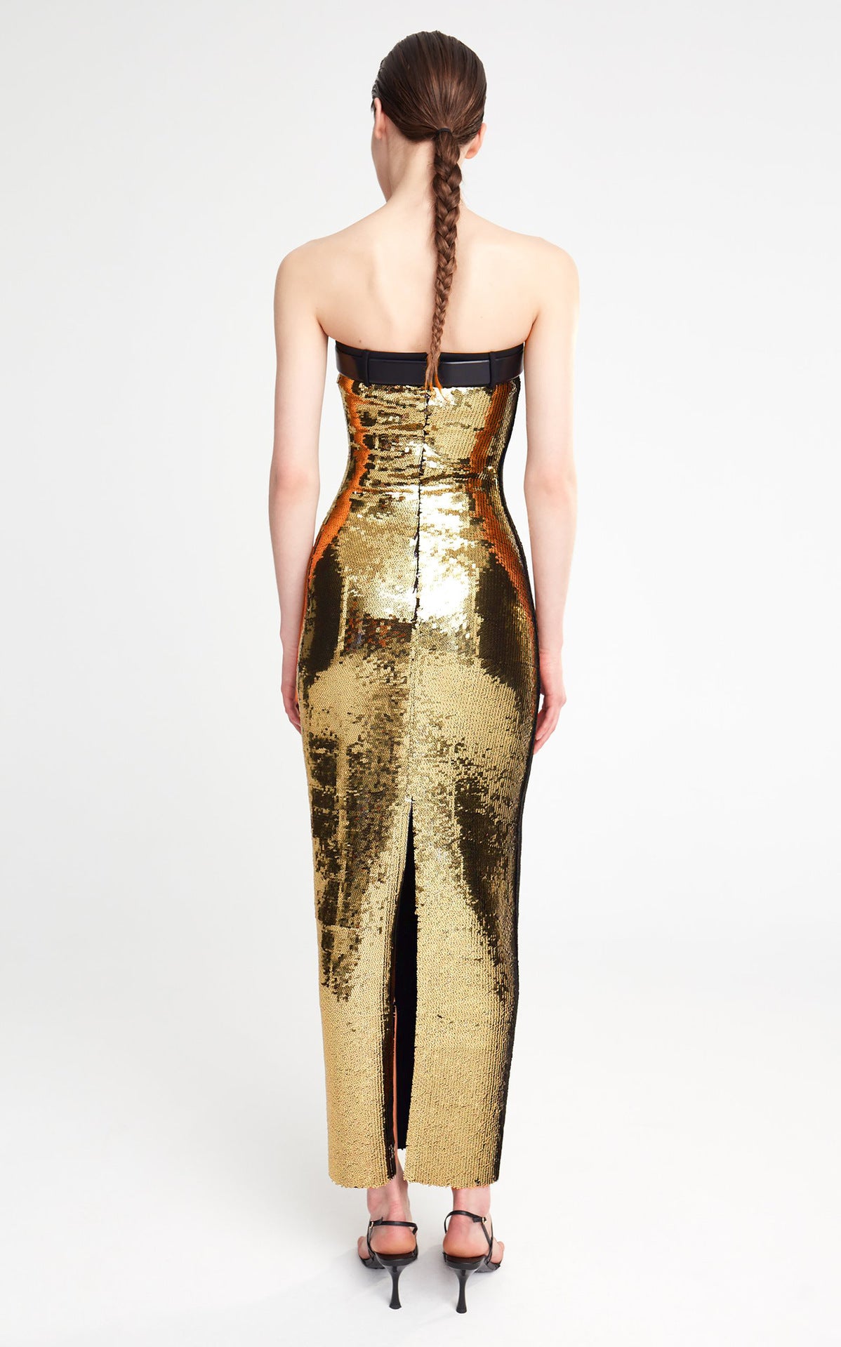 Golden Sparkle Waist Belt Beaded Strapless Dress with Ruched Bodice
