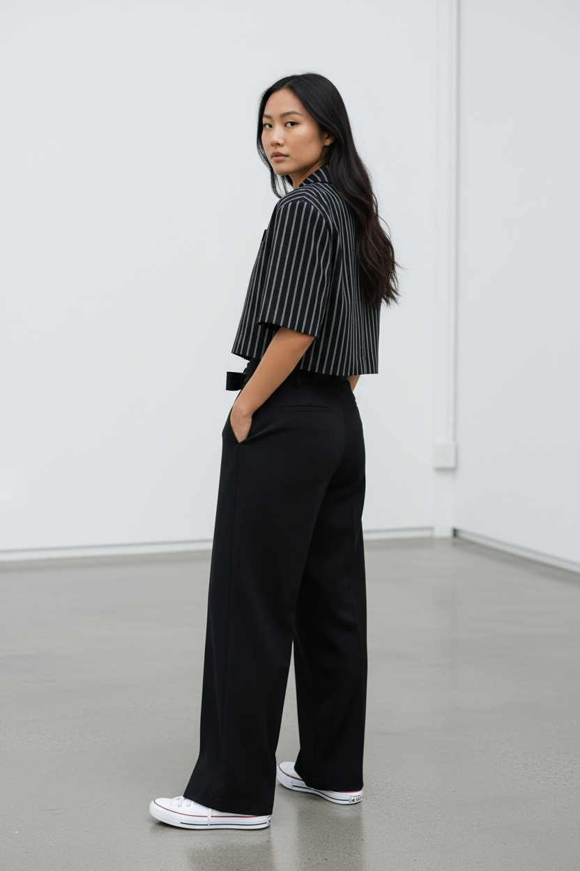 Pinstripe Cropped Power Blazer & Tie-Waist Trousers