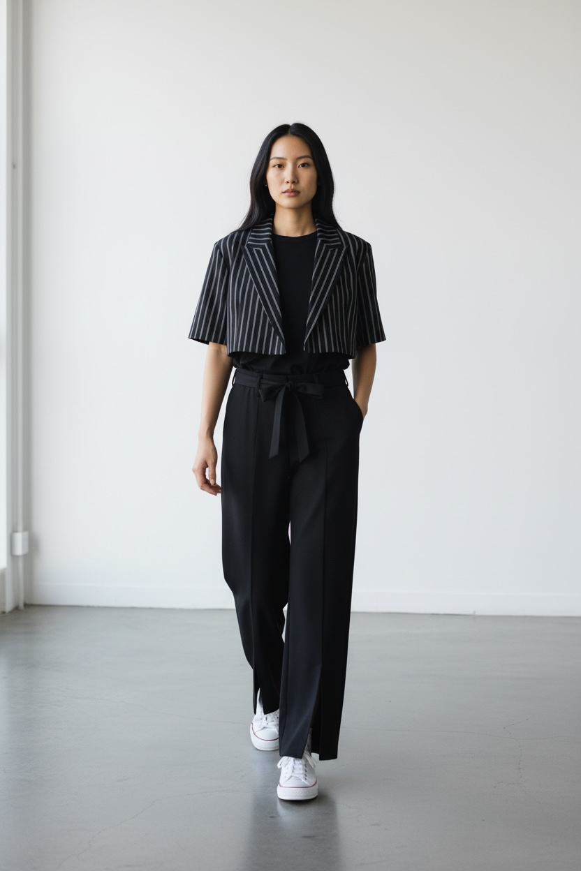 Pinstripe Cropped Power Blazer & Tie-Waist Trousers