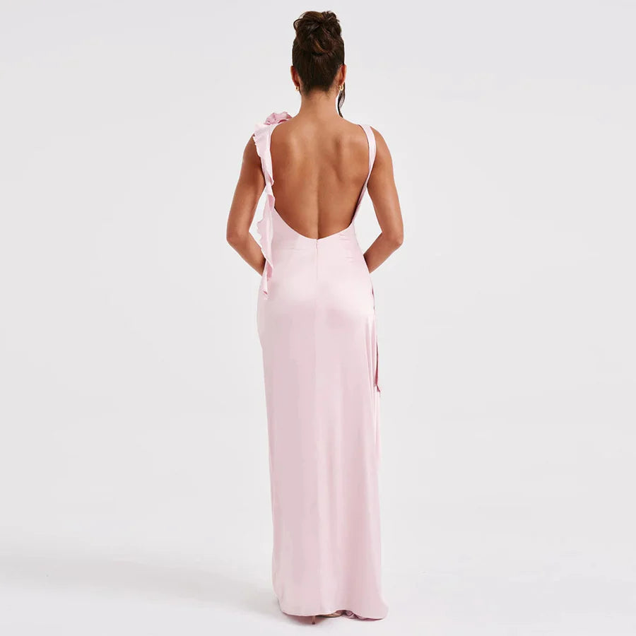 Backless Satin Pleated High Slit Maxi Dress