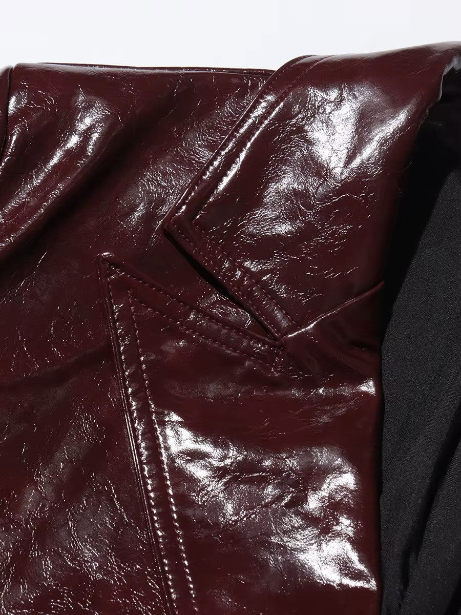 Vintage Lapel Double Breasted Faux Leather Blazer Two Piece