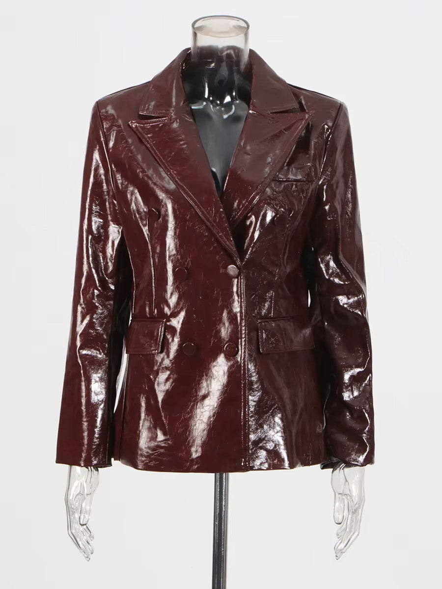 Vintage Lapel Double Breasted Faux Leather Blazer Two Piece